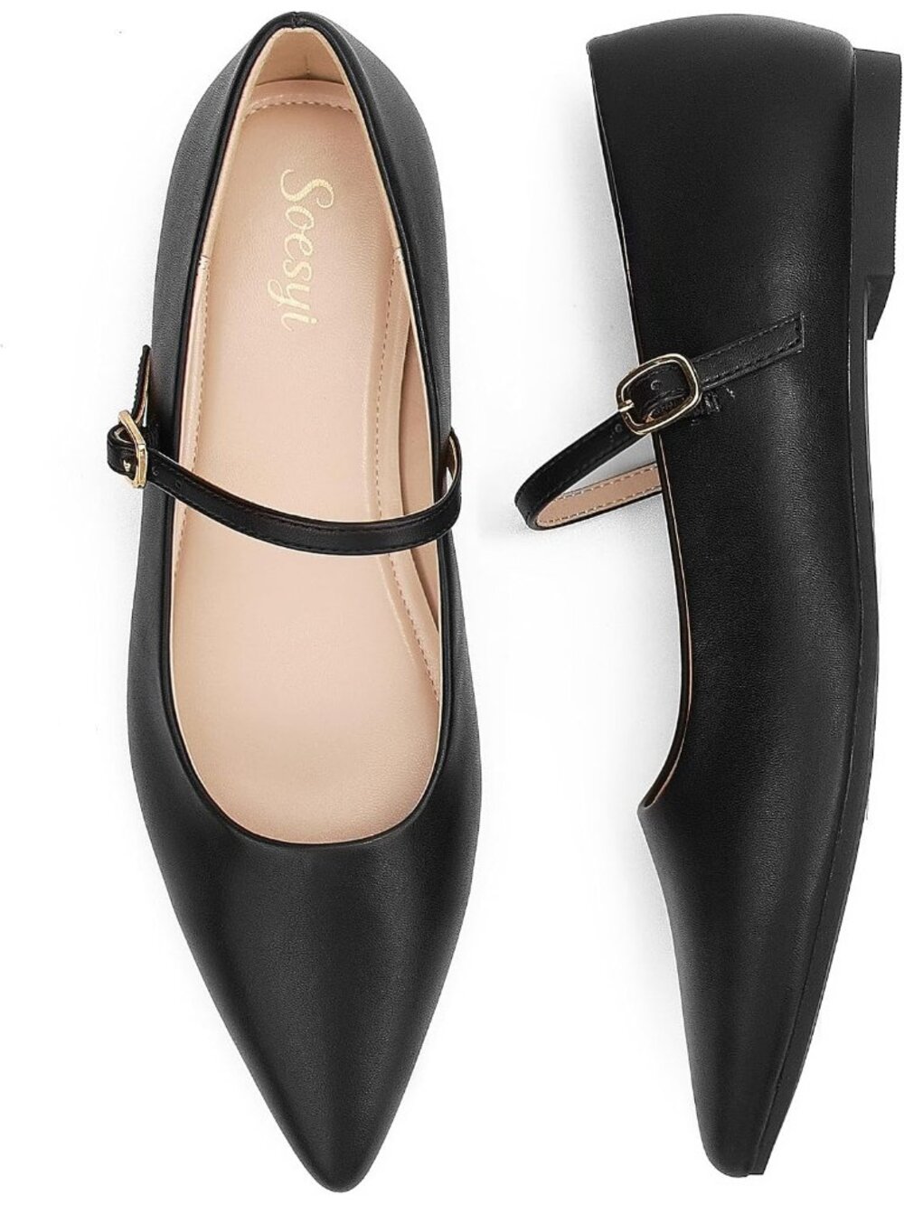 🆕Women's Dark Black Pointed Toe Mary Jane Flats Patent Leather Buckle Shoes